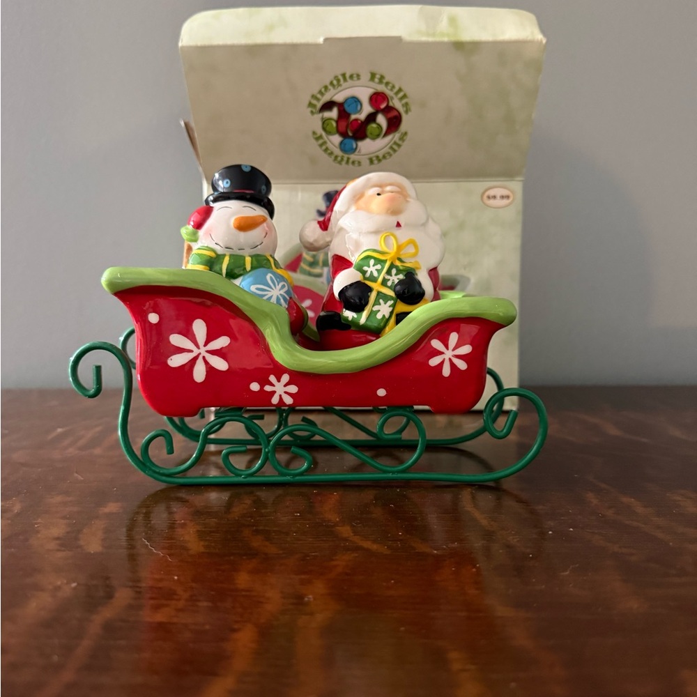 Festive Salt abd Pepper shaker set, Santa and Snowman in a Sleigh